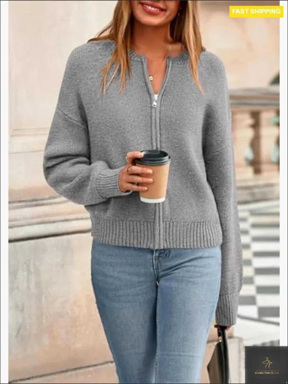 Chunky Knit Zipper Cardigan Open Front Long Sleeve Cropped Sweater Coat